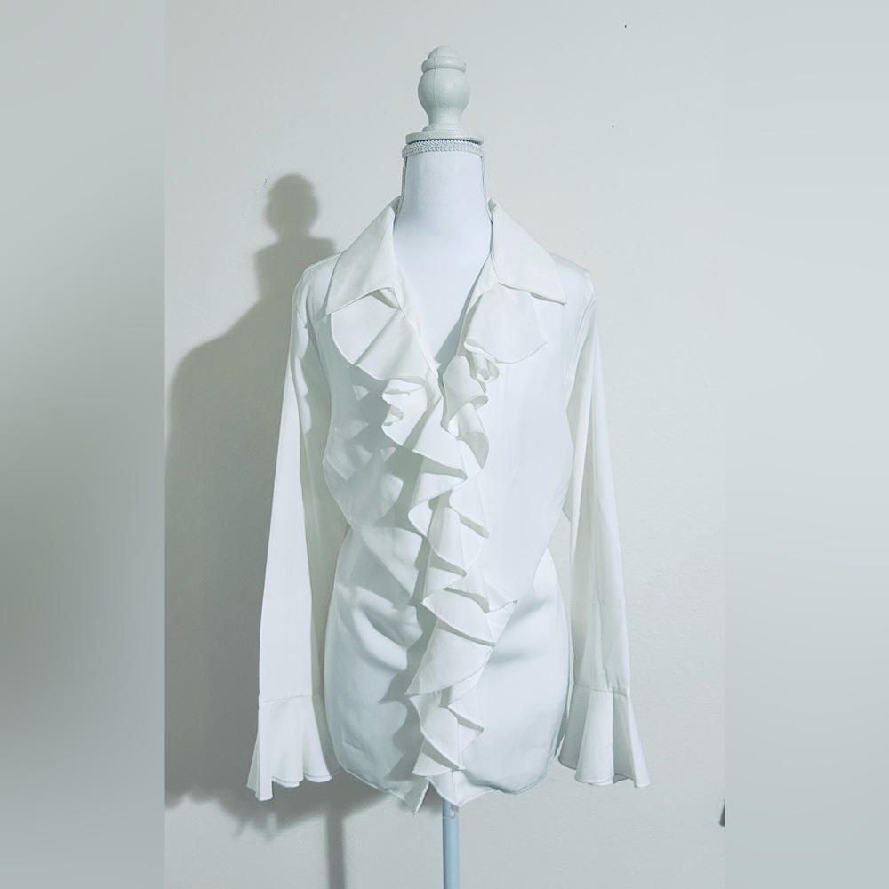 Roaman's White Long Sleeve Ruffled Blouse